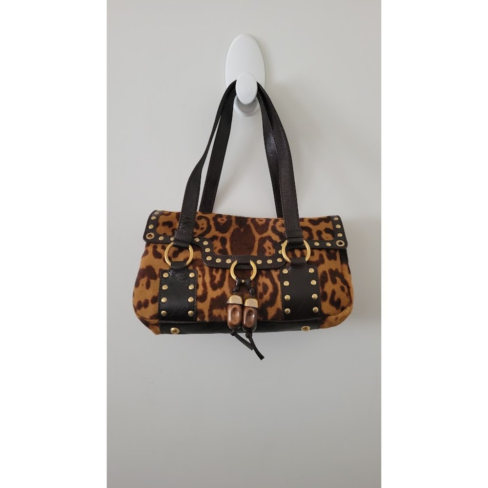 Saint Laurent Rive Gauche Calf Hair Animal Print Studded Shoulder Bag
